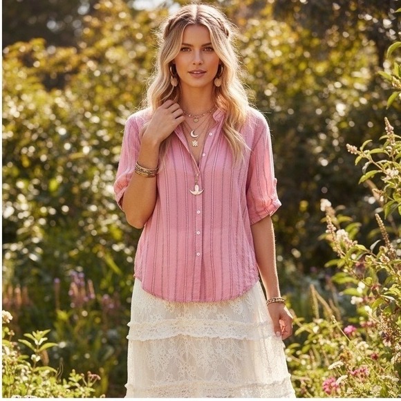 XiRENA Tops - XIRENA Channing Shirt Women XS Pink Metallic Stripe Cotton Boho Coastal Chic Top
